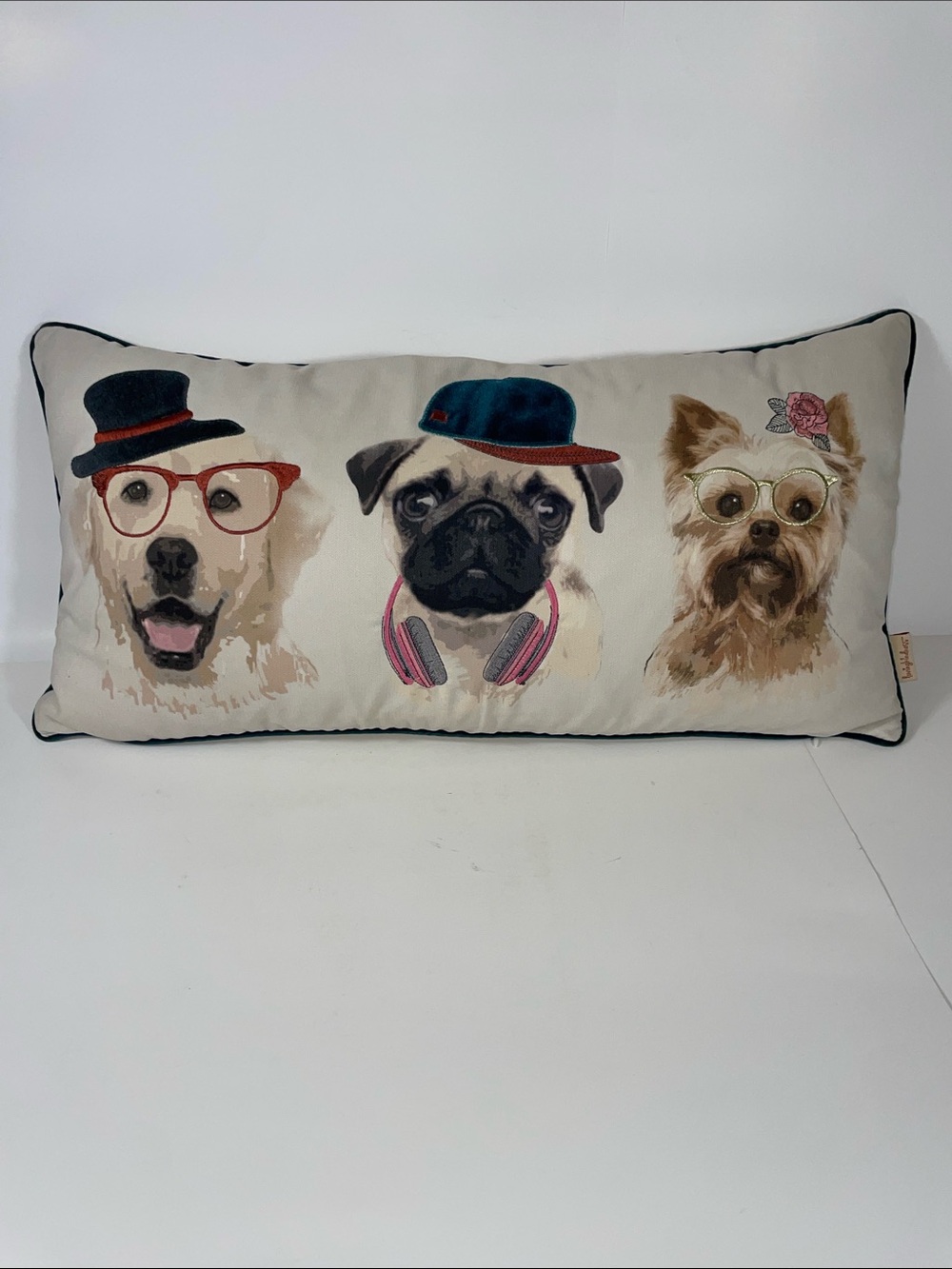 Loving Kindness Dog Pillow Bulldog Terrier Glasses Trim Accent Decor 26x13” Rose